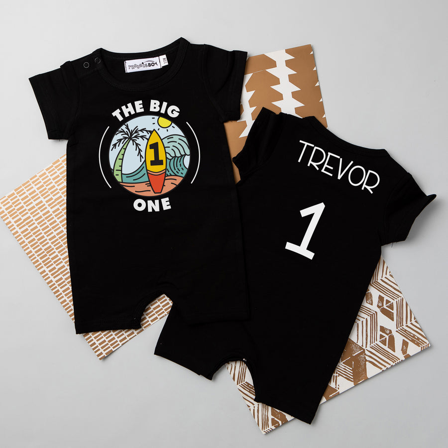 "The Big One" Surf-themed Personalized Slim Fit 1st Birthday Shorts Romper
