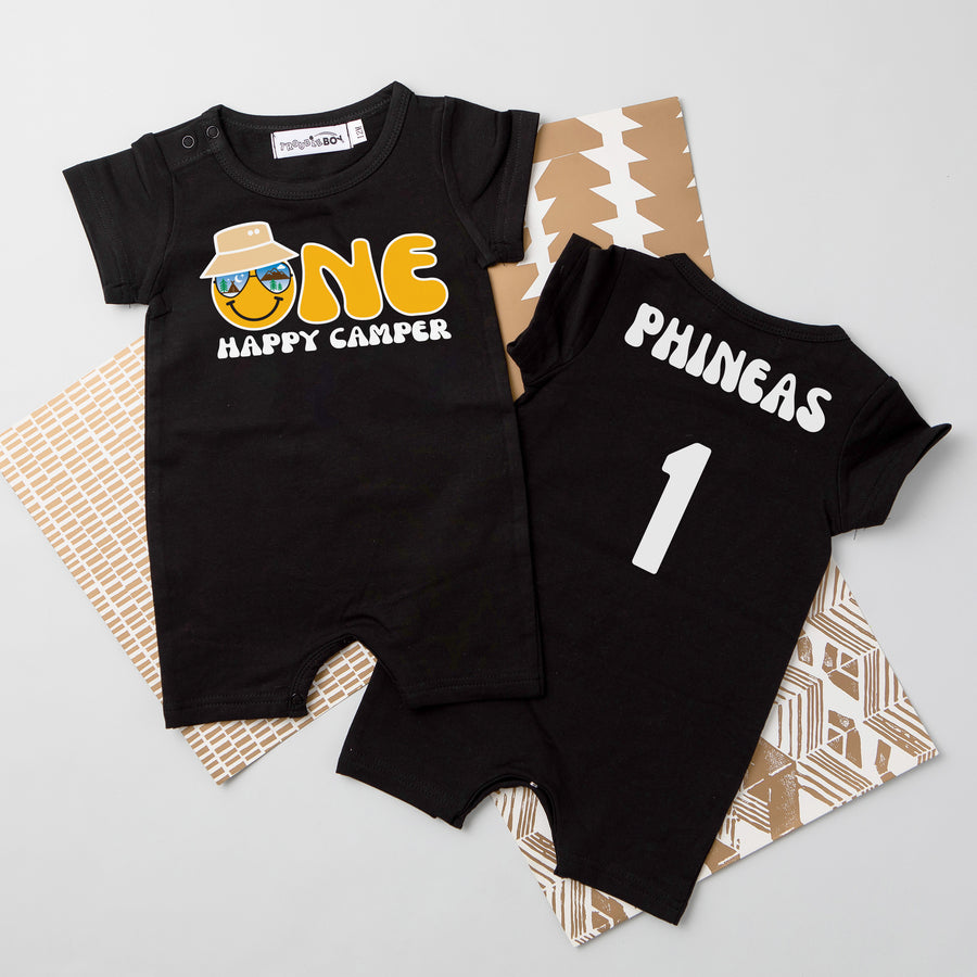 "One Happy Camper" Personalized 1st Birthday Shorts Romper