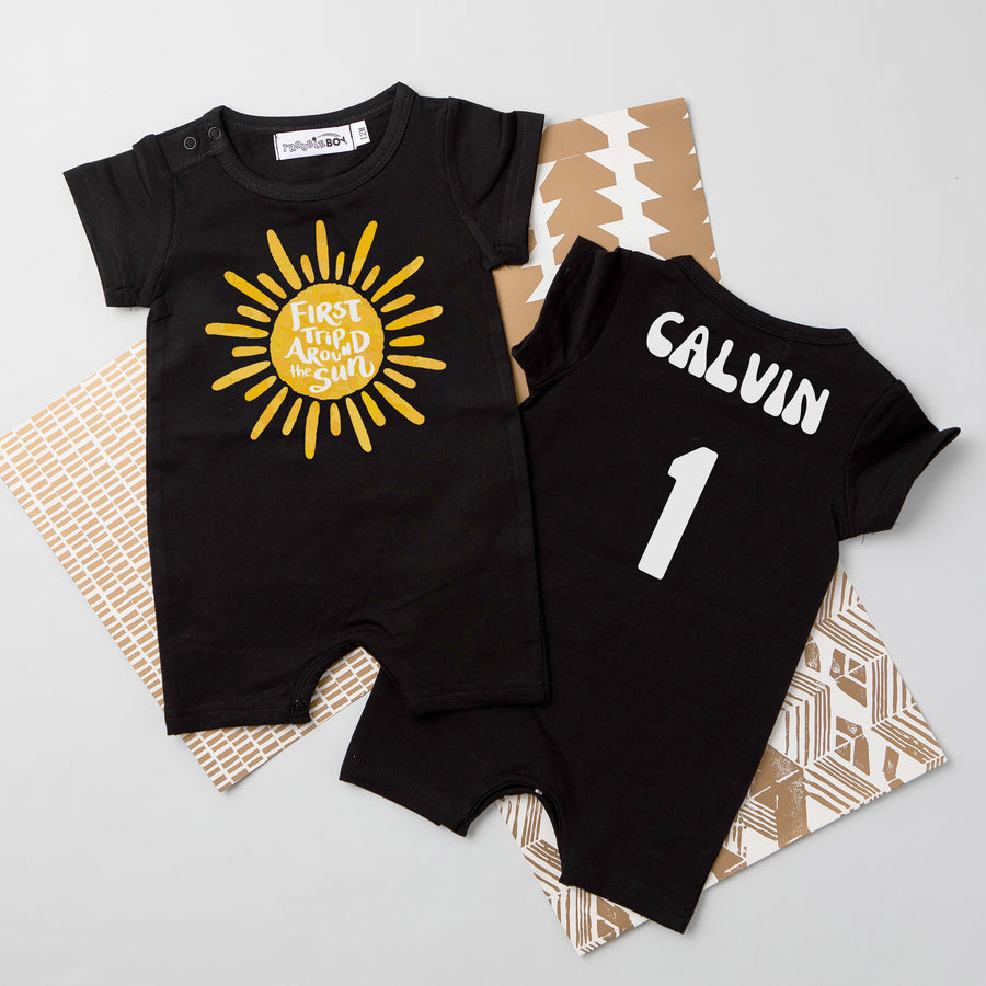 "First Trip Around the Sun" Personalized First Birthday Shorts Romper