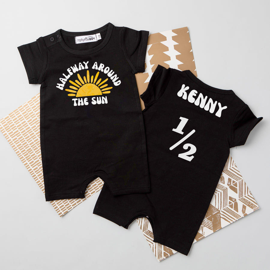 "Halfway Around the Sun" Personalized 1/2 Birthday Shorts Romper