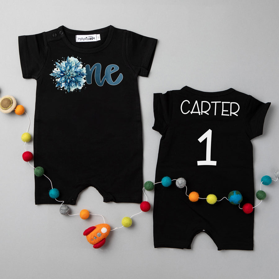 One Snowflake First Birthday Shorts Romper