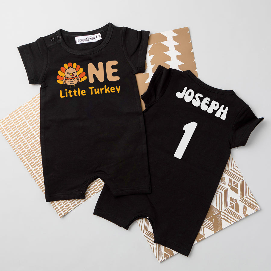 "One Little Turkey" Personalized 1st Birthday Shorts Romper for Turkey Day