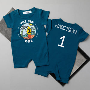 "The Big One" Surf-themed Personalized Slim Fit 1st Birthday Shorts Romper