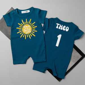 "First Trip Around the Sun" Personalized First Birthday Shorts Romper