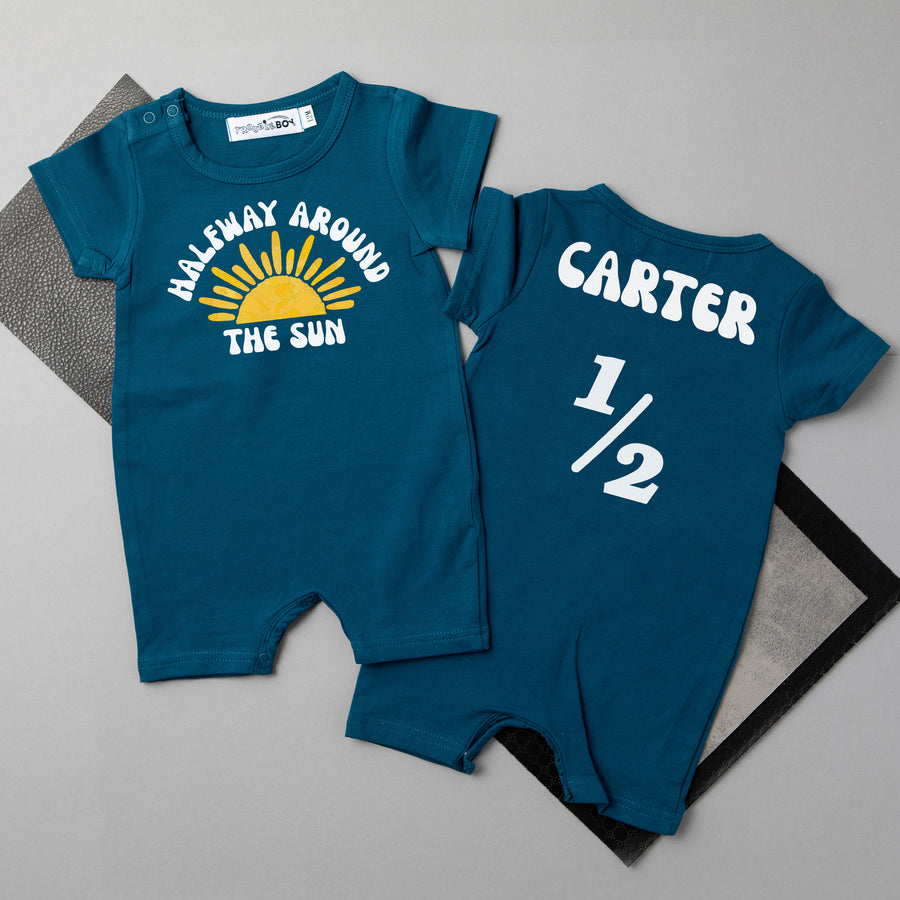 "Halfway Around the Sun" Personalized 1/2 Birthday Shorts Romper