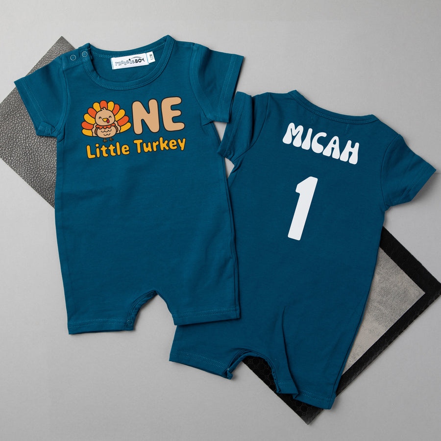 "One Little Turkey" Personalized 1st Birthday Shorts Romper for Turkey Day