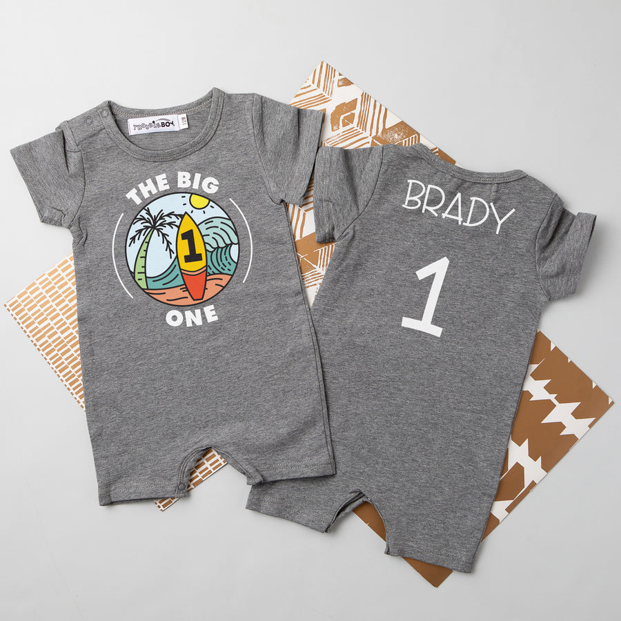 "The Big One" Surf-themed Personalized Slim Fit 1st Birthday Shorts Romper