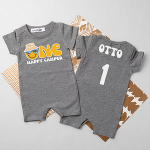 "One Happy Camper" Personalized 1st Birthday Shorts Romper