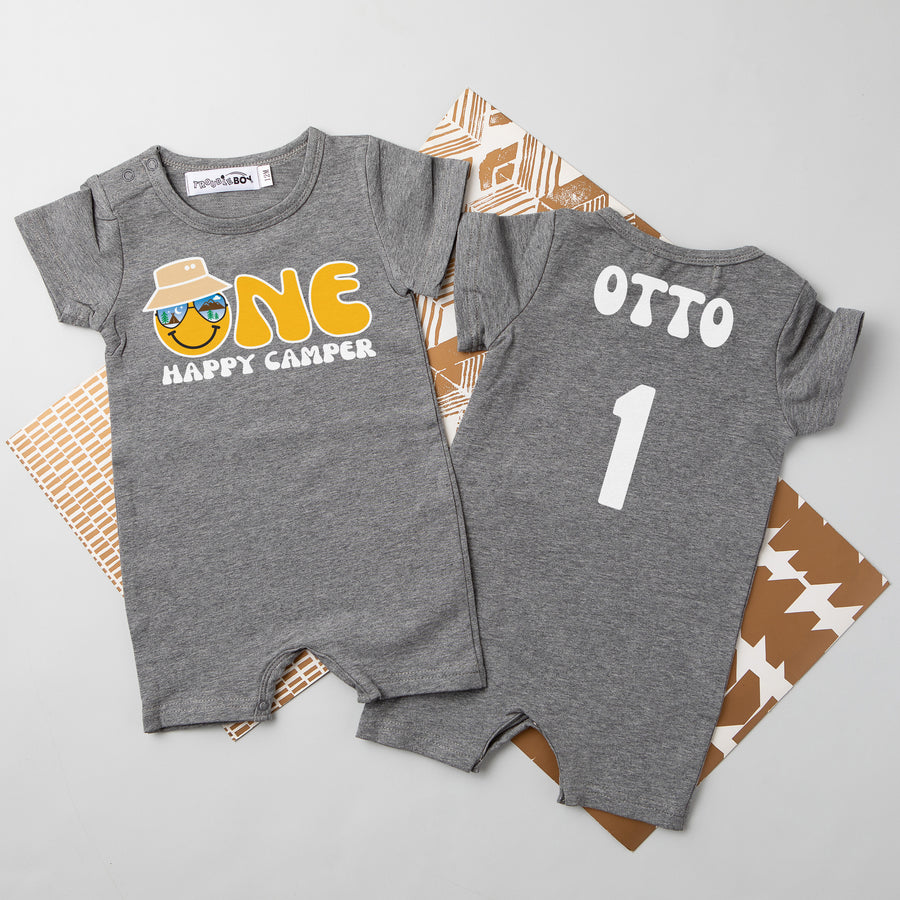 "One Happy Camper" Personalized 1st Birthday Shorts Romper