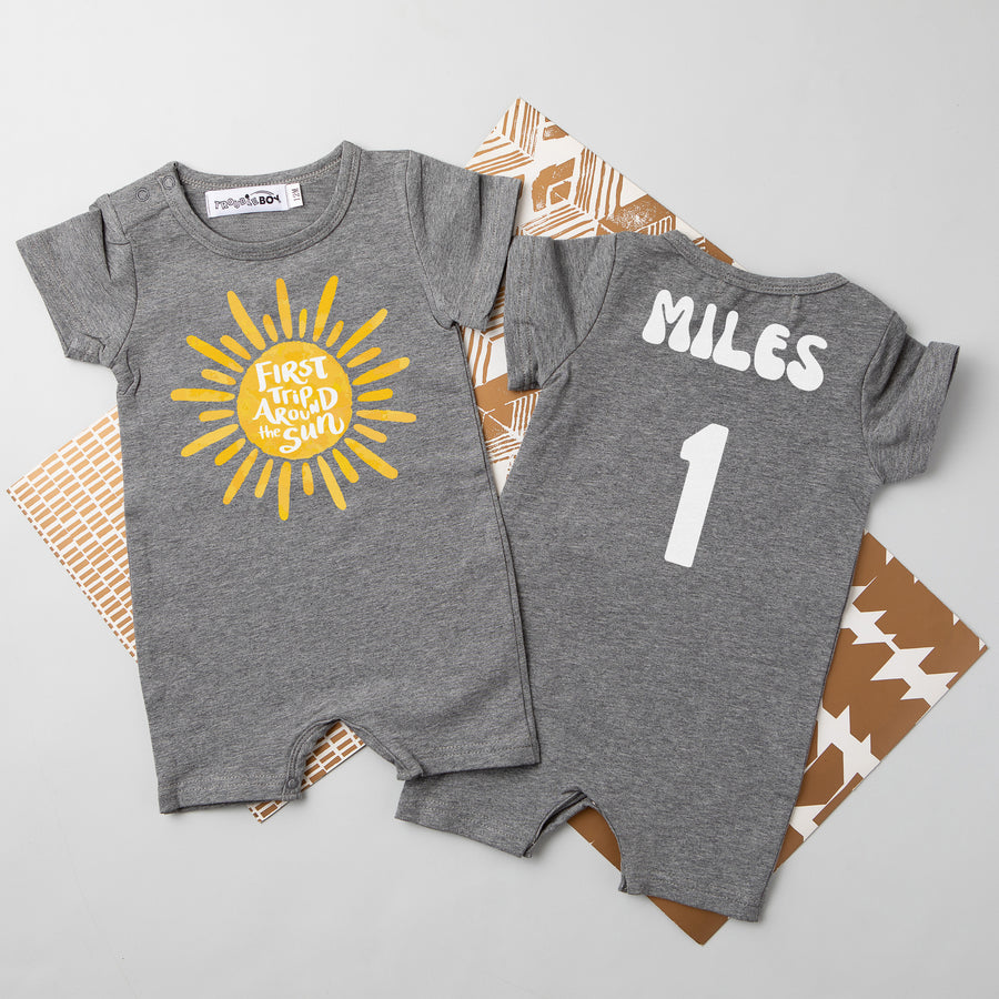 "First Trip Around the Sun" Personalized First Birthday Shorts Romper