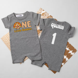 "One Little Gobbler" Personalized 1st Birthday Shorts Romper for Turkey Day