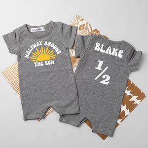 "Halfway Around the Sun" Personalized 1/2 Birthday Shorts Romper