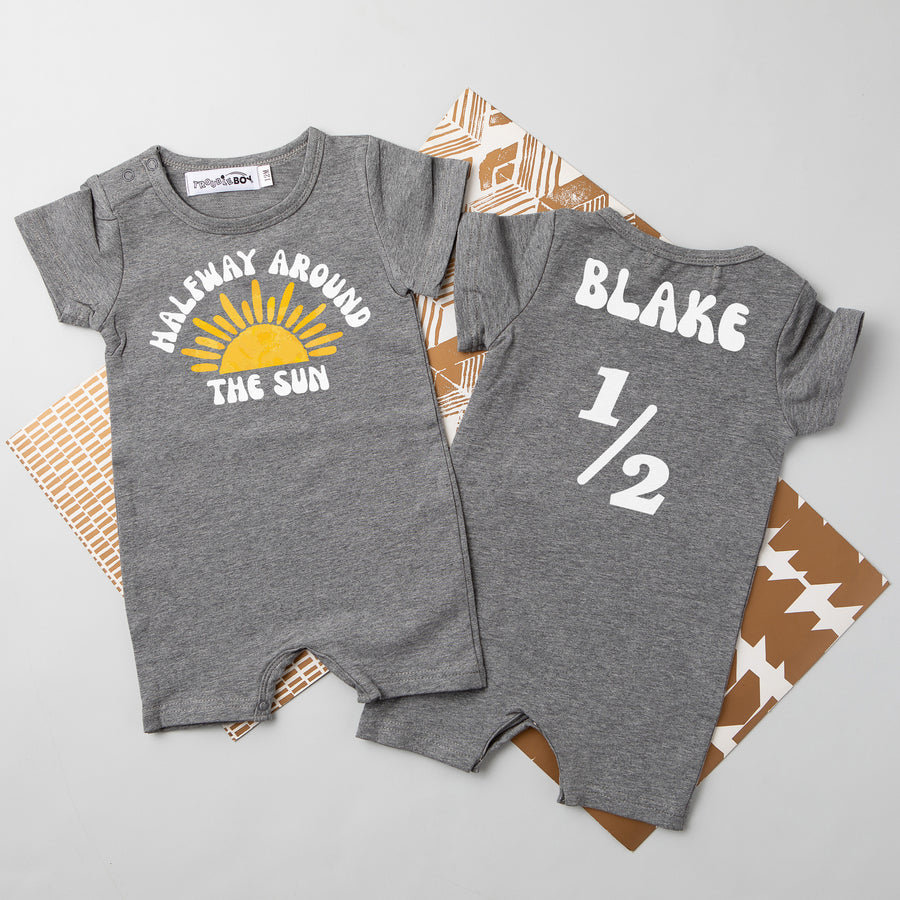 "Halfway Around the Sun" Personalized 1/2 Birthday Shorts Romper