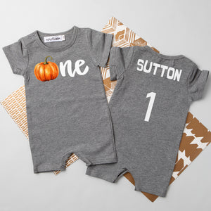 "One Pumpkin" Personalized First Birthday Shorts Romper