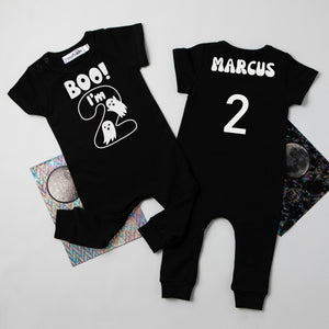 "Boo I'm 2" Second Birthday Short Sleeve Black Romper with Ghost-Theme