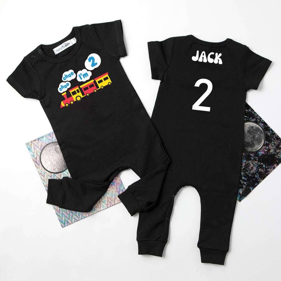 "Choo Choo I'm 2" Personalized 1st Birthday Short Sleeve Slim Fit Romper