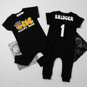 "One Happy Dude" Personalized 1st Birthday Short Sleeve Slim Fit Romper