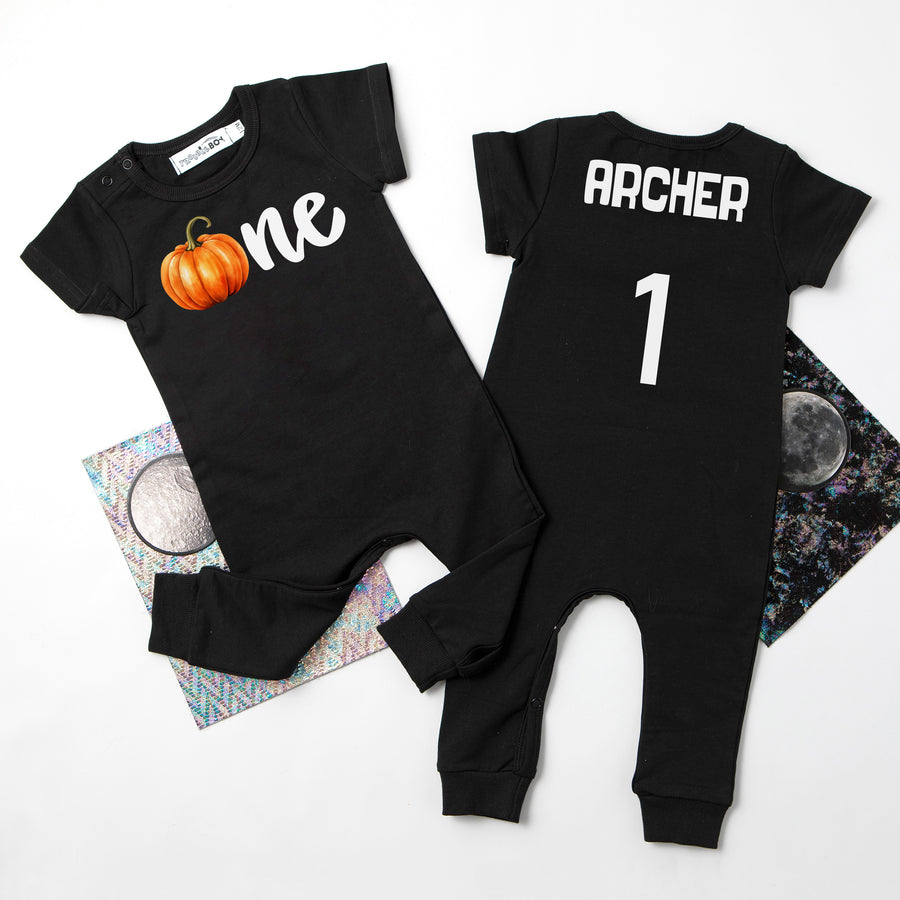 "One Pumpkin" Personalized 1st Birthday Short Sleeve Slim Fit Romper