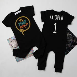 "My First Rodeo" Personalized 1st Birthday Short Sleeve Slim Fit Romper