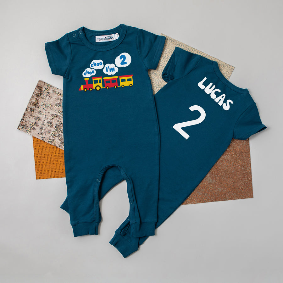 "Choo Choo I'm 2" Personalized 1st Birthday Short Sleeve Slim Fit Romper