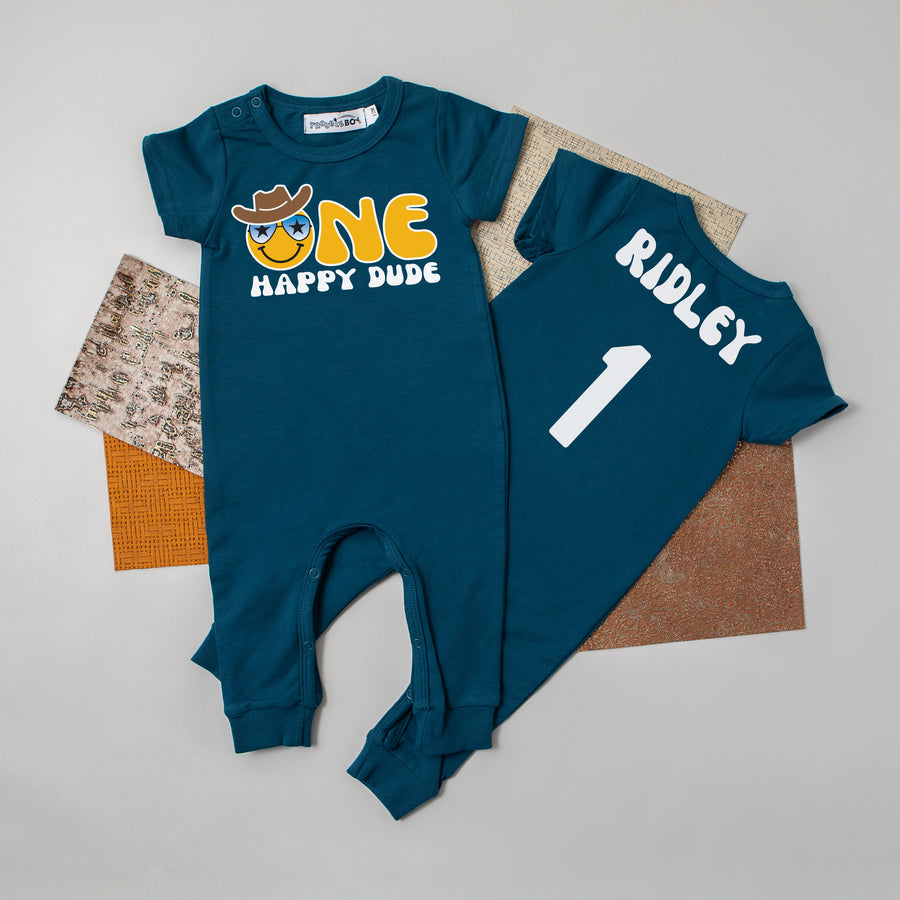 "One Happy Dude" Personalized 1st Birthday Short Sleeve Slim Fit Romper