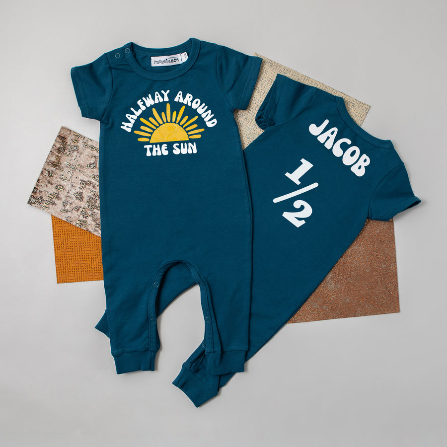 "Halfway Around the Sun" Slim Fit 1/2 Birthday Romper