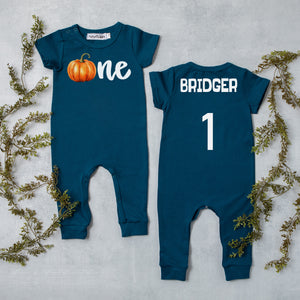 "One Pumpkin" Personalized 1st Birthday Short Sleeve Slim Fit Romper