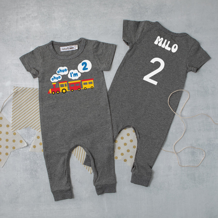 "Choo Choo I'm 2" Personalized 1st Birthday Short Sleeve Slim Fit Romper