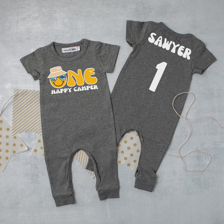 "One Happy Camper" Personalized 1st Birthday Short Sleeve Slim Fit Romper