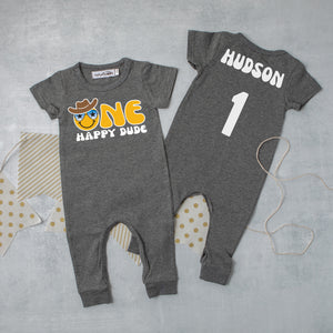 "One Happy Dude" Personalized 1st Birthday Short Sleeve Slim Fit Romper