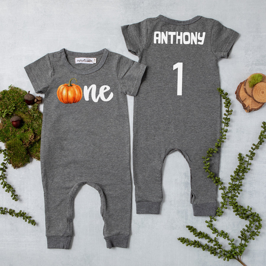 "One Pumpkin" Personalized 1st Birthday Short Sleeve Slim Fit Romper