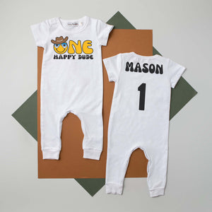 "One Happy Dude" Personalized 1st Birthday Short Sleeve Slim Fit Romper