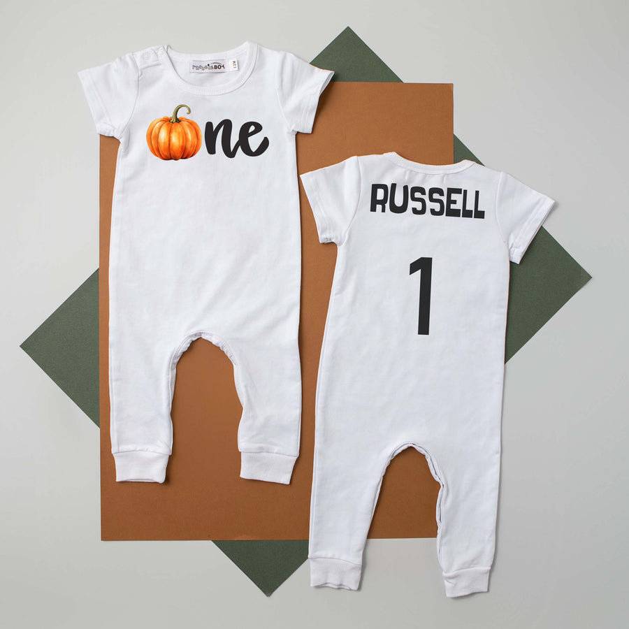 "One Pumpkin" Personalized 1st Birthday Short Sleeve Slim Fit Romper