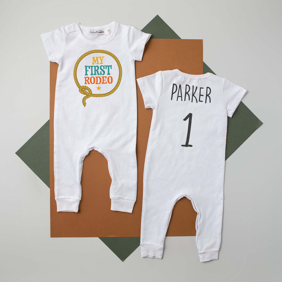 "My First Rodeo" Personalized 1st Birthday Short Sleeve Slim Fit Romper