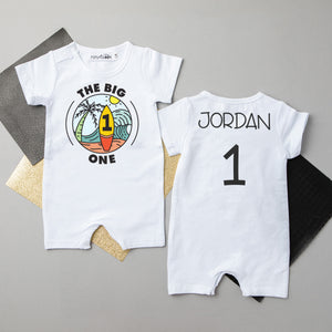 "The Big One" Surf-themed Personalized Slim Fit 1st Birthday Shorts Romper