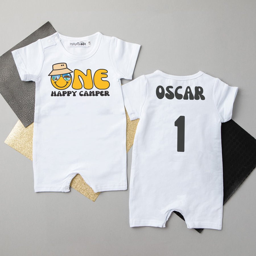 "One Happy Camper" Personalized 1st Birthday Shorts Romper