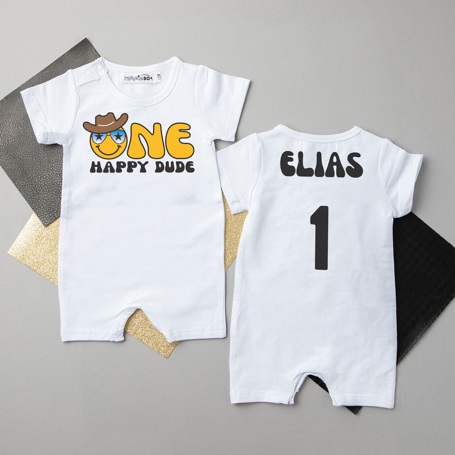 "One Happy Dude" Personalized 1st Birthday Shorts Romper