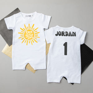 "First Trip Around the Sun" Personalized First Birthday Shorts Romper