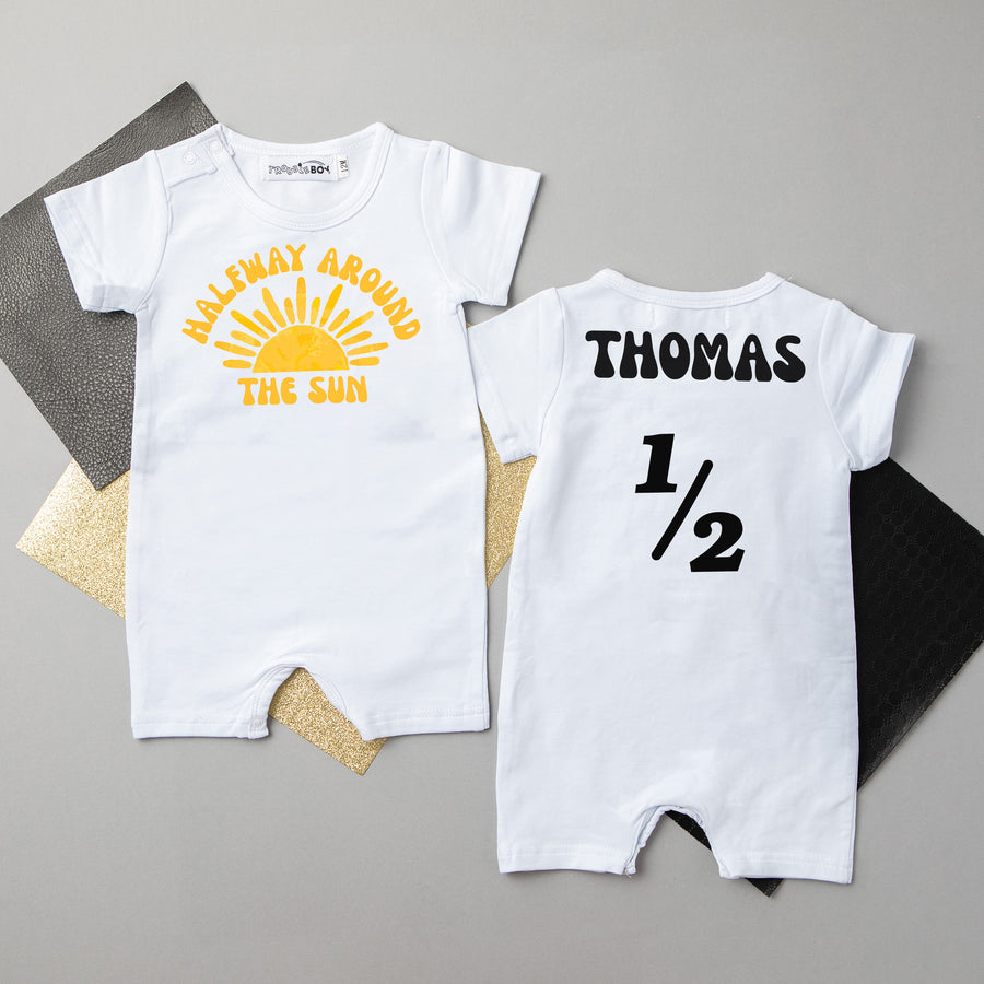 "Halfway Around the Sun" Personalized 1/2 Birthday Shorts Romper