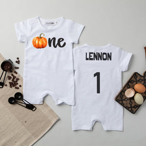 "One Pumpkin" Personalized First Birthday Shorts Romper