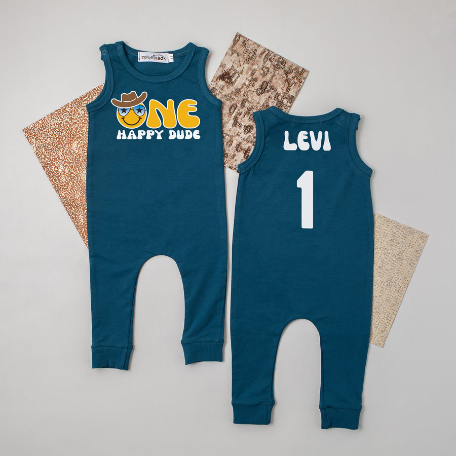 "One Happy" Dude Slim Fit 1st Birthday Personalized Sleeveless Romper
