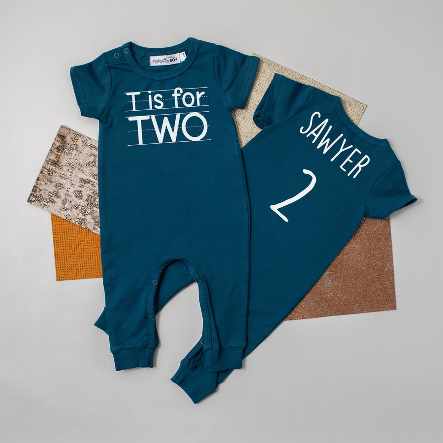 "T is for Two" Slim Fit Short Sleeve 2nd Birthday Romper