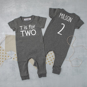 "T is for Two" Slim Fit Short Sleeve 2nd Birthday Romper