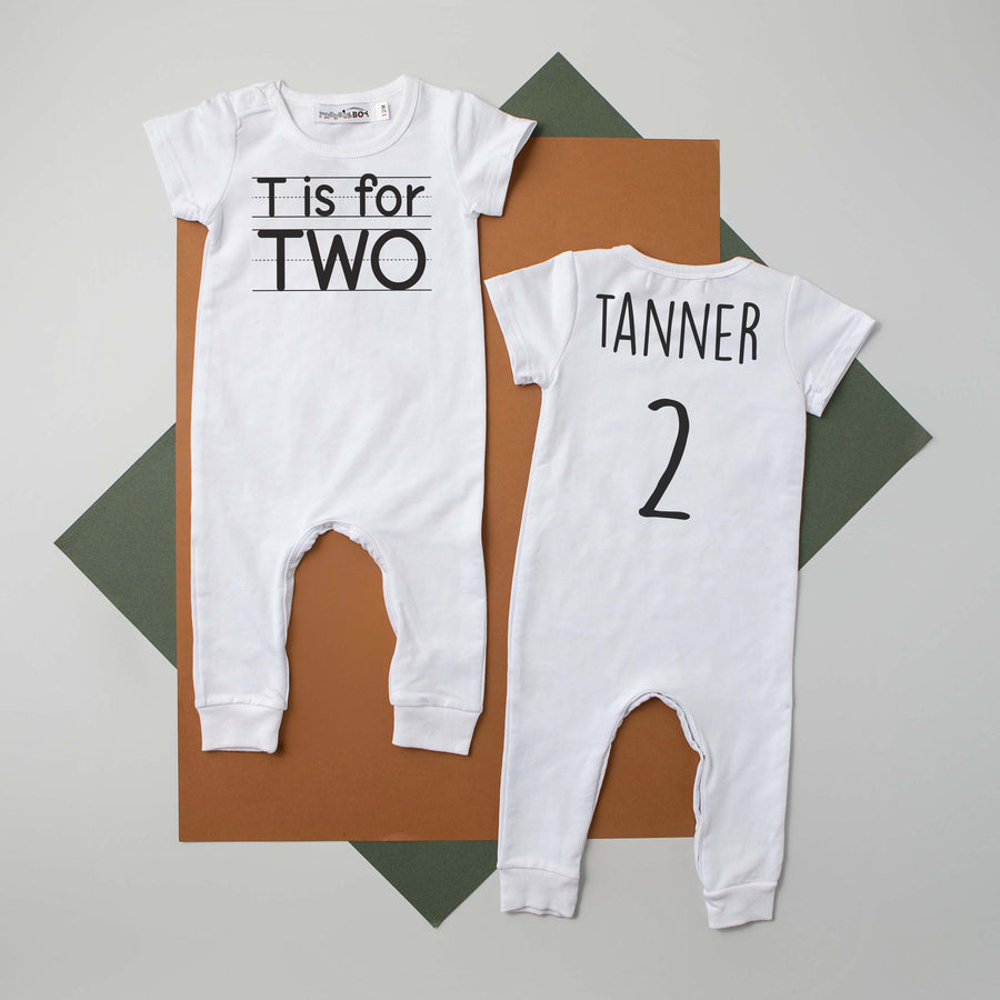 "T is for Two" Slim Fit Short Sleeve 2nd Birthday Romper