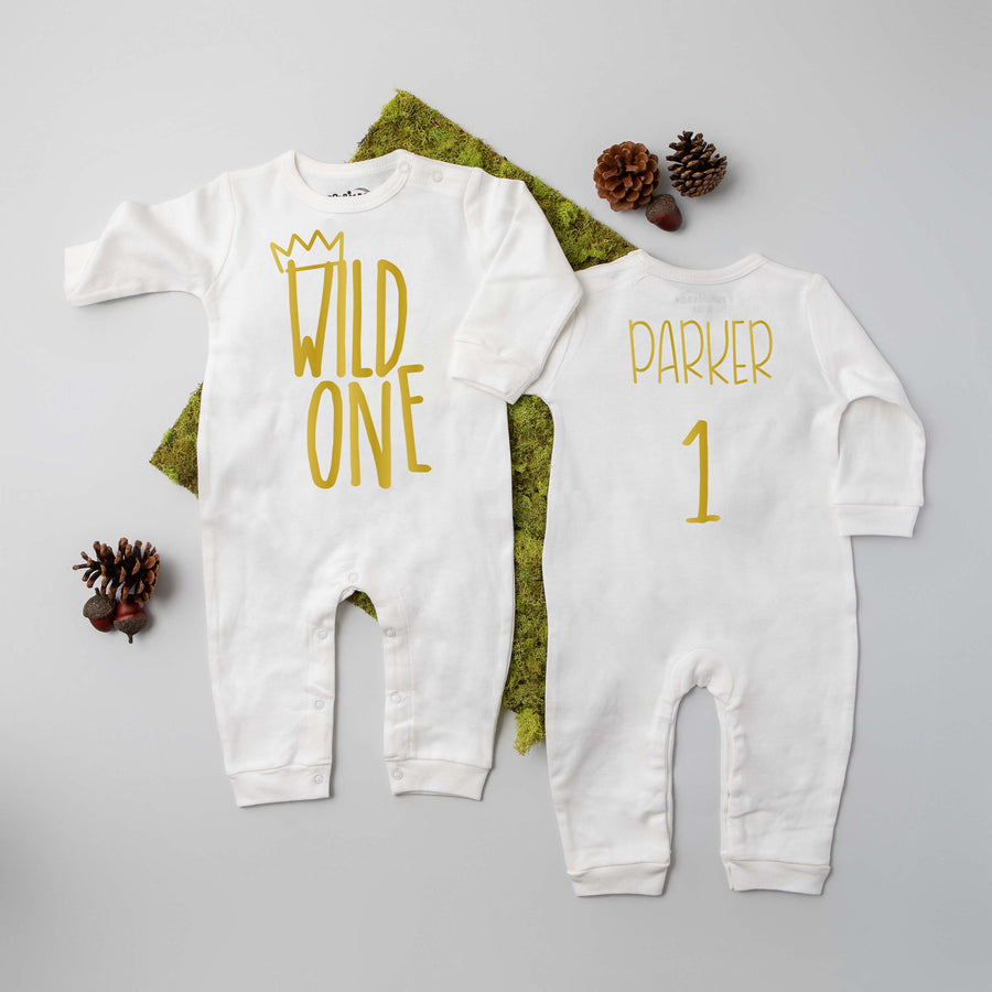 Long Sleeve Wild One First Birthday Romper with Gold Design