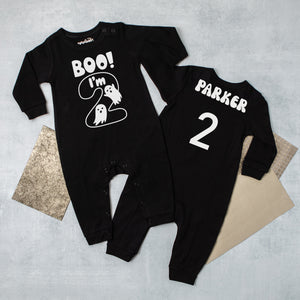 "Boo I'm 2" Personalized 2nd Birthday Black Romper with Long Sleeves