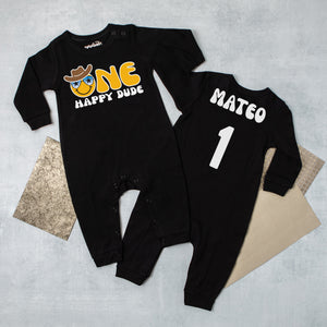 "One Happy Dude" Long Sleeve First Birthday Romper