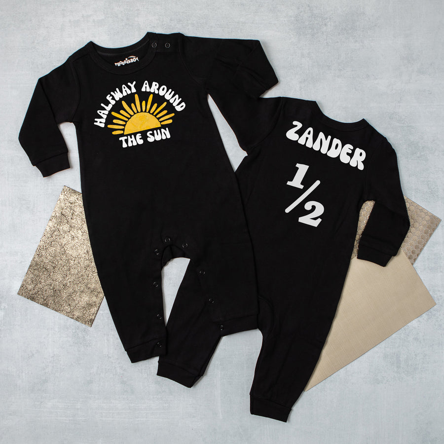 "Halfway Around the Sun" Personalized 1/2 Birthday Long Sleeve Romper