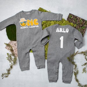 "One Happy Camper" Long Sleeve First Birthday Romper