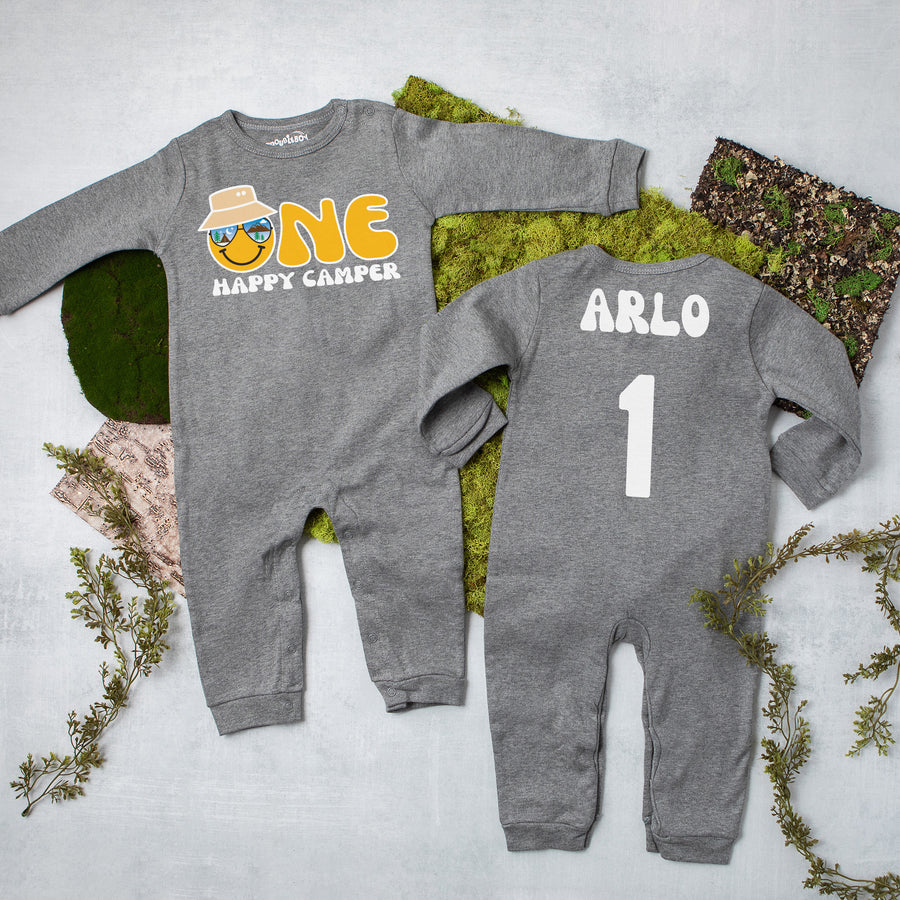 "One Happy Camper" Long Sleeve First Birthday Romper